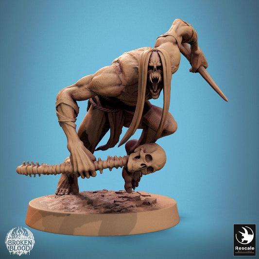 Product photo Tabletop 28mm Lord of the Print (LotP) 0: Tabletop miniature: Savage Ghoul charging, Crypt Beast, and Bone Cult Assassin, undead raider with dagger and bone club made from spine (24_11_B7)