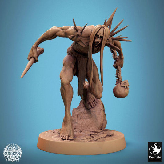 Product photo Tabletop 28mm Lord of the Print (LotP) 0: Tabletop miniature: Savage Ghoul, Undead Hunter, and Bone Cult Butcher with Bone Dagger and Spine Flail, crouched and charging (24_11_B9)
