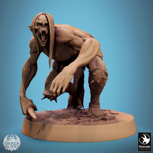 Product photo Tabletop 28mm Lord of the Print (LotP) 0: Fantasy miniature: Wild Ghoul, lurking-crawling, hunger beast with long claws, dungeon boss and skirmish opponent (24_11_B11)