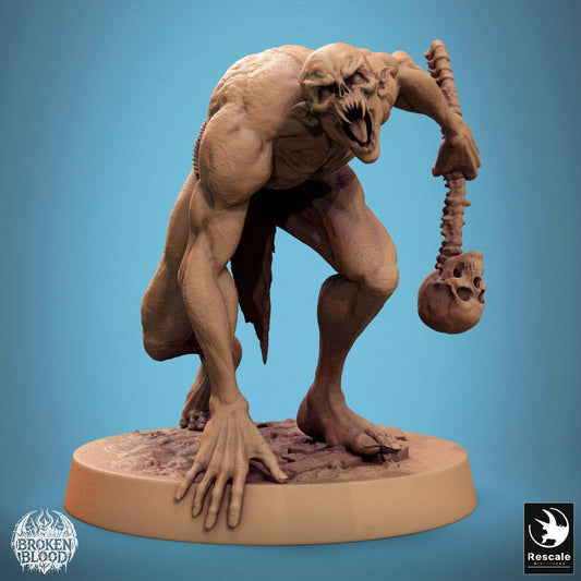 Product photo Tabletop 28mm Lord of the Print (LotP) 0: Tabletop miniature: Wild Ghoul, Crypt Horror - crouched forward attack, roaring, with bone club made from spine and skull (24_11_B17)