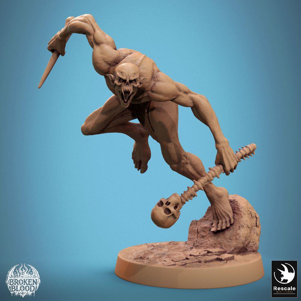 Product photo Tabletop 28mm Lord of the Print (LotP) 0: Tabletop miniature: Savage Ghoul in leap - undead assassin and ambusher with dagger, skull, and spine (24_11_B19)