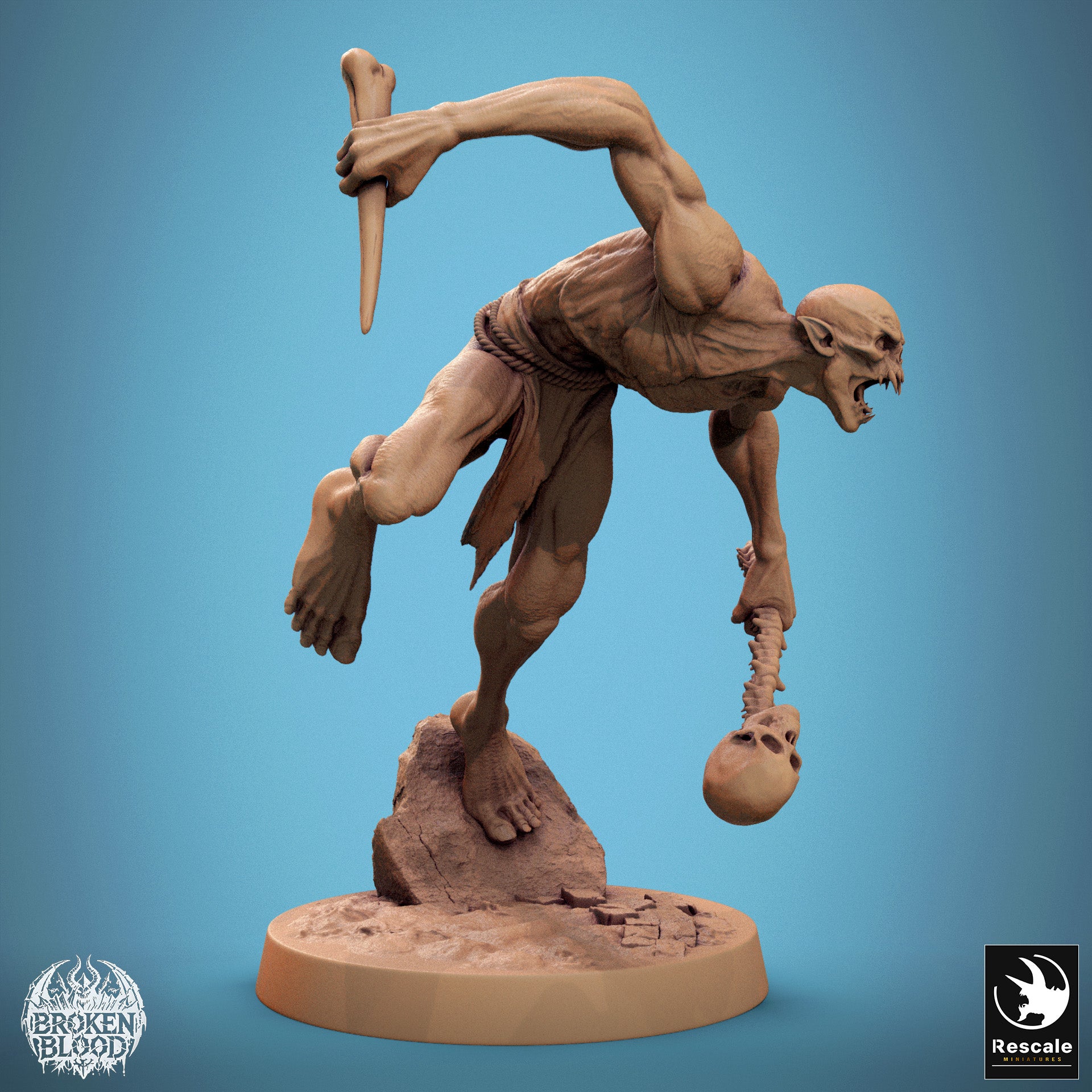 Product photo Tabletop 28mm Lord of the Print (LotP) 1: Tabletop miniature: Savage Ghoul in leap - undead assassin and ambusher with dagger, skull, and spine (24_11_B19)