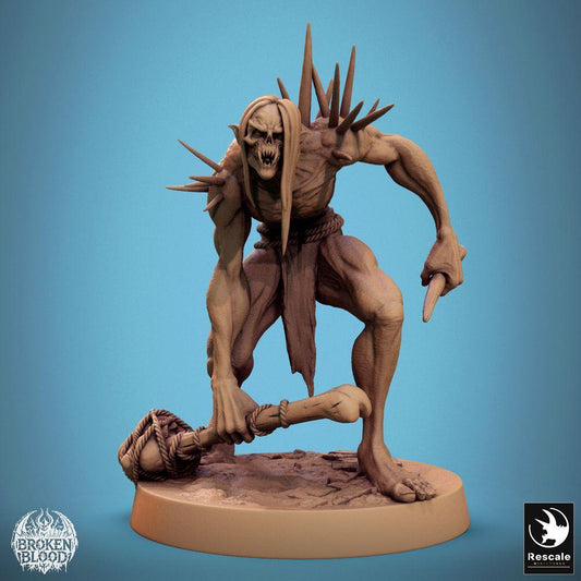 Product photo Tabletop 28mm Lord of the Print (LotP) 0: Fantasy figure: Wild Ghoul Warrior with Bone Club and Bone Dagger - Undead Mutant, Spike Horror, Dungeon Boss (24_11_B21)
