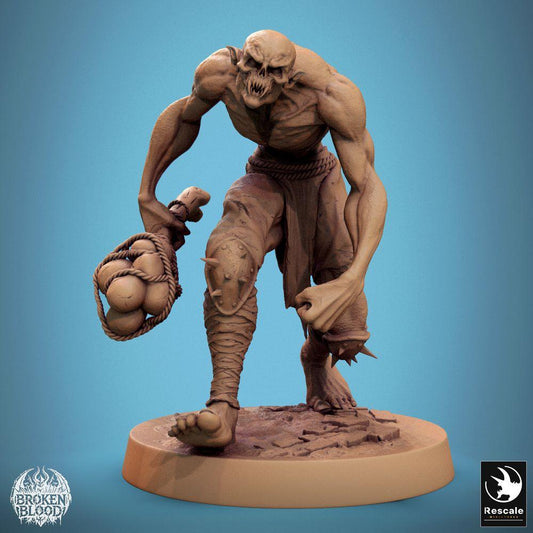 Product photo Tabletop 28mm Lord of the Print (LotP) 0: Tabletop miniature: Savage Ghoul Berserker, undead colossus with skull trophy pouch and spiked fist (24_11_B27)