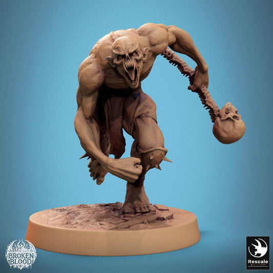 Product photo Tabletop 28mm Lord of the Print (LotP) 0: Tabletop miniature: Savage Ghoul Berserker, undead bruiser with skull club, in a charge (24_11_B29)