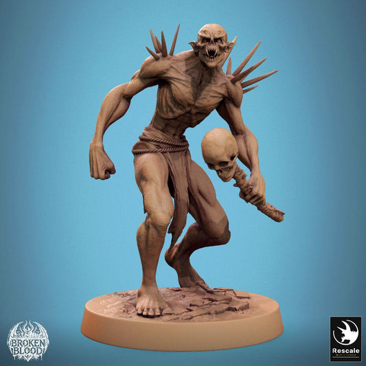 Product photo Tabletop 28mm Lord of the Print (LotP) 0: Tabletop miniature: Wild Ghoul Champion, demonic fiend, boss monster, and melee fighter with skull mace and bone spikes (24_11_B35)