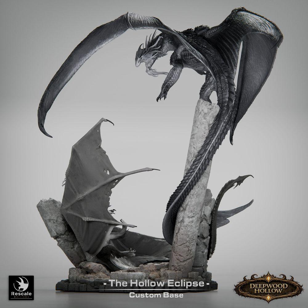 Product photo Tabletop 28mm Lord of the Print (LotP) 1: Fantasy figure: Hollow Eclipse dragon diorama - dragon duel in aerial combat over rock peaks - boss monster, final boss, large model, display miniature for Tabletop and Wargaming (26_03_B1)