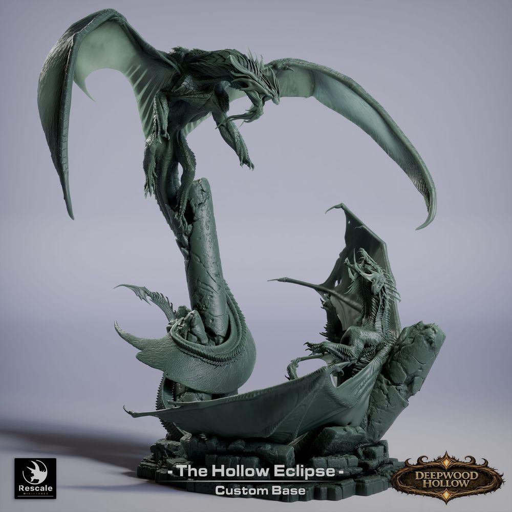 Product photo Tabletop 28mm Lord of the Print (LotP) 4: Fantasy figure: Hollow Eclipse dragon diorama - dragon duel in aerial combat over rocky peaks - boss monster, final boss, large model, display miniature for Tabletop and Wargaming (26_03_B1)