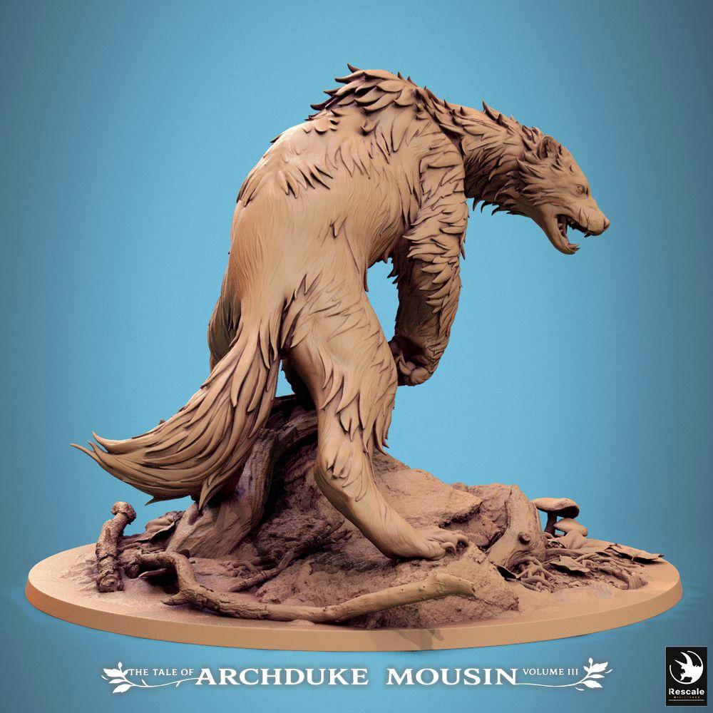 Product photo Tabletop 28mm Lord of the Print (LotP) 1: Tabletop miniature: Horror Bear / Werebear / Bear Monster - Forest Beast, monster miniature with long claws and fangs, predator crouched on a fallen tree trunk (25_07_A1)