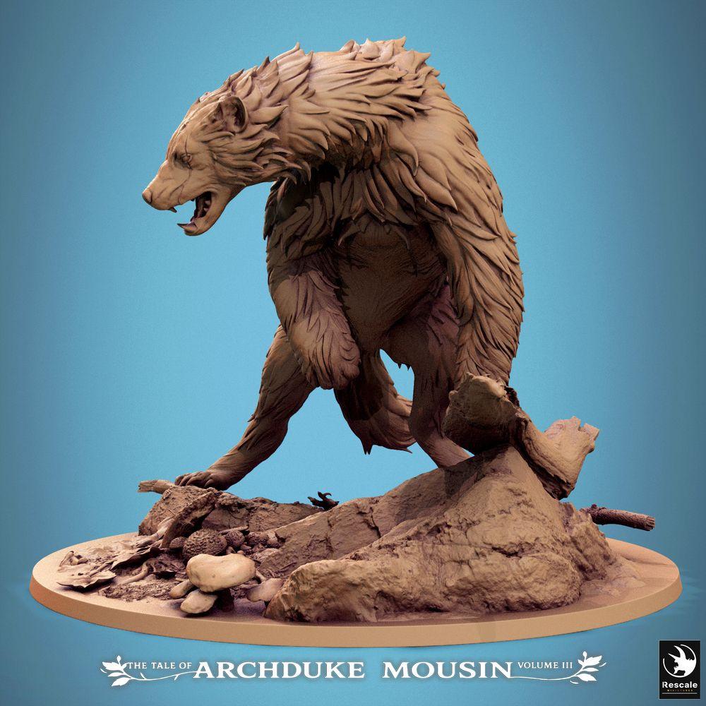 Product photo Tabletop 28mm Lord of the Print (LotP) 2: Tabletop miniature: Horror Bear / Werebear / Bear Monster - Forest Beast, monster miniature with long claws and fangs, predator crouched on a fallen tree trunk (25_07_A1)