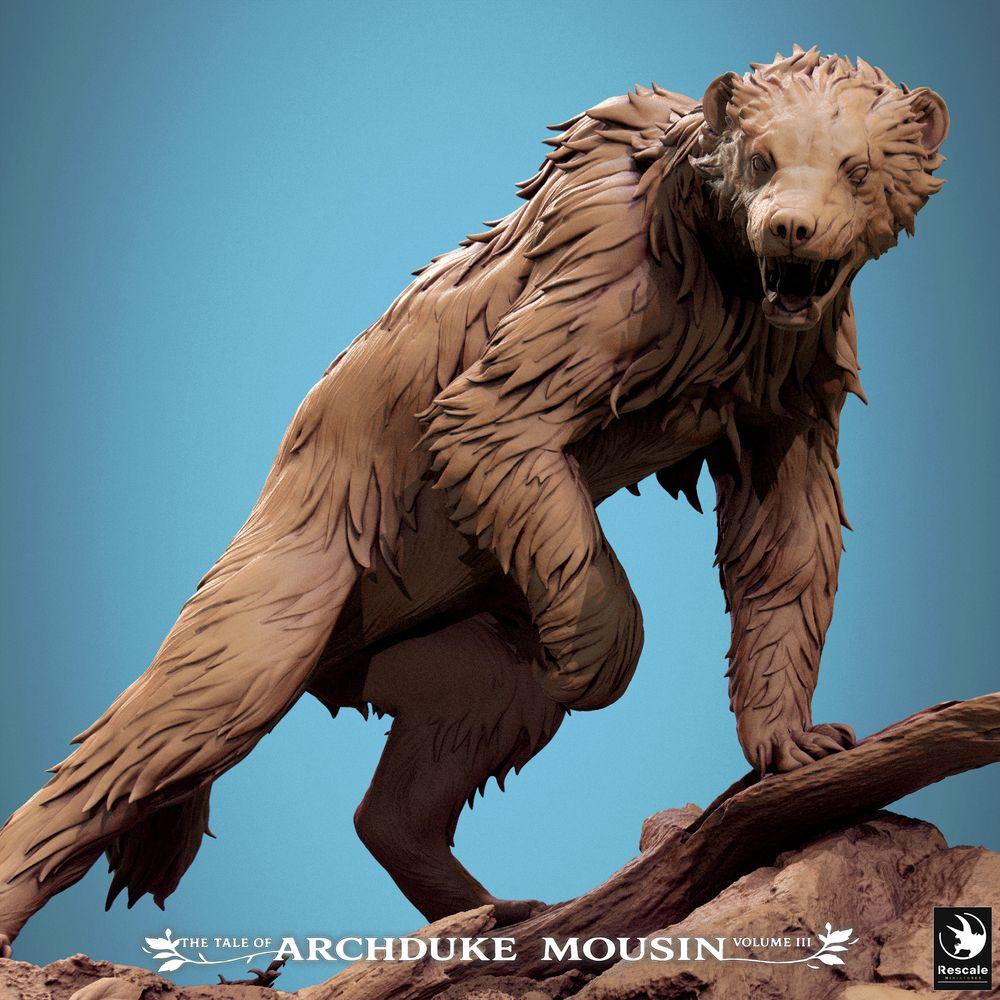 Product photo Tabletop 28mm Lord of the Print (LotP) 3: Tabletop miniature: Terror Bear / Werbear / Bear Monster - Forest Beast, monster miniature with long claws and fangs, predator crouched on a fallen tree trunk (25_07_A1)