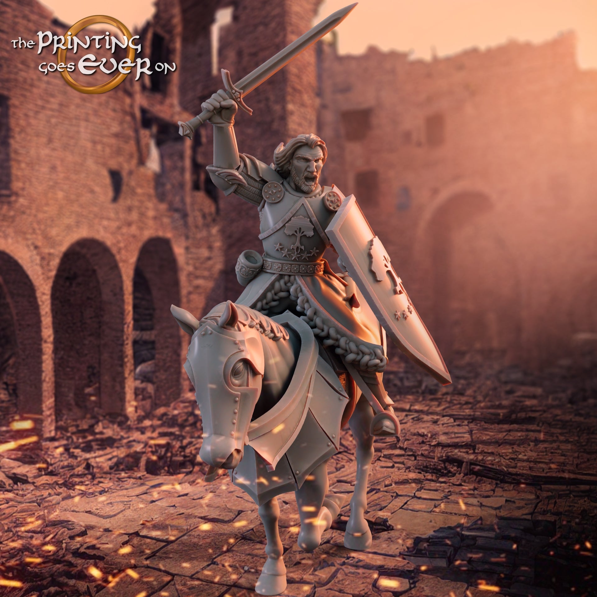 Product photo medieval historical figure 75mm Scale The Printing Goes Ever On (TPGEO) 0: Medieval Knight Figures Captain Rider with Sword - Leader of Gonthan