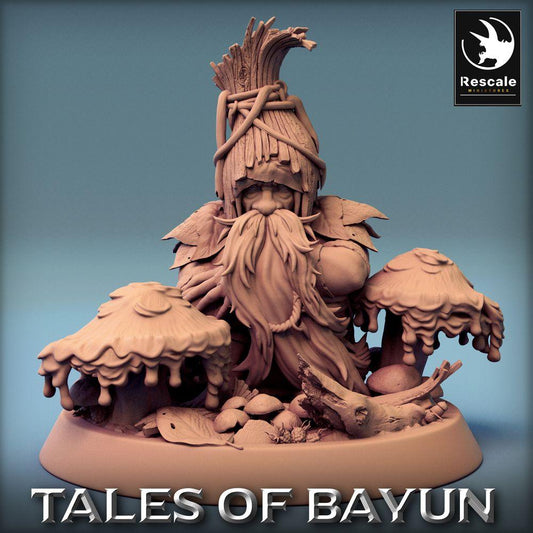 Product photo Tabletop 28mm Lord of the Print (LotP) 0: Tabletop miniature: Forest shaman and mushroom druid, crouching among mushrooms - Borovichok (24_01_A4)