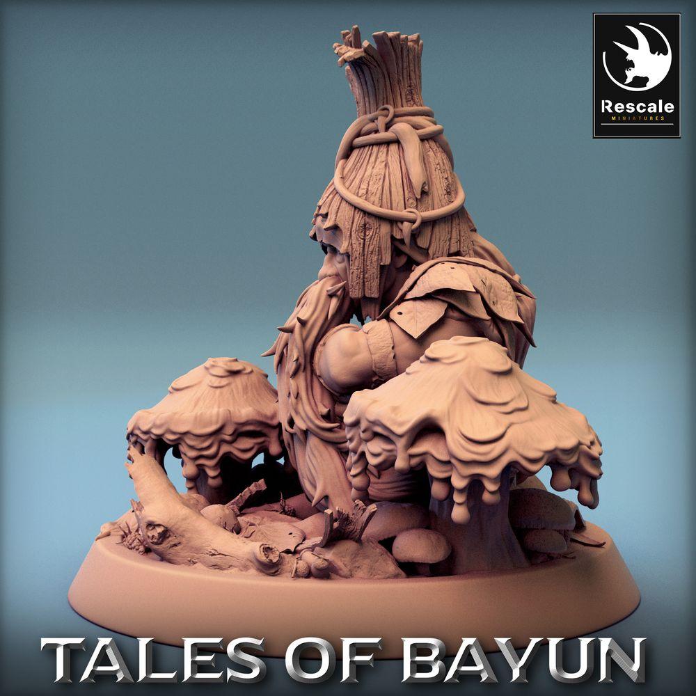 Product photo Tabletop 28mm Lord of the Print (LotP) 0: Tabletop miniature: Forest shaman and mushroom druid, crouching among mushrooms - Borovichok (24_01_A4)