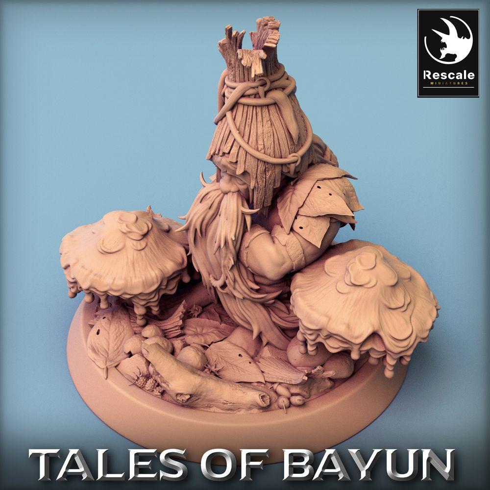 Product photo Tabletop 28mm Lord of the Print (LotP) 0: Tabletop miniature: Forest shaman and mushroom druid, crouching among mushrooms - Borovichok (24_01_A4)