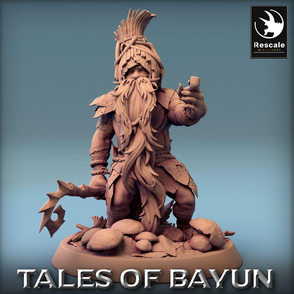 Product photo Tabletop 28mm Lord of the Print (LotP) 0: Fantasy Figure: Dwarf Chief - Barbarian Shaman with Hook Axe, Forest Shaman, Totem Warrior, Champion (24_01_A5)