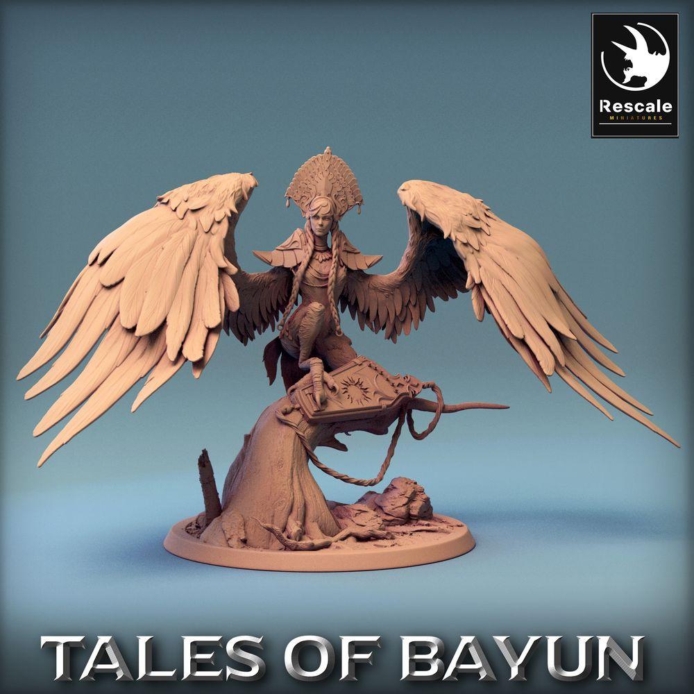 Product photo Tabletop 28mm Lord of the Print (LotP) 0: Fantasy Figure: Angel Seraph, Winged Paladin, Valkyrie, Harpy on Spellbook (24_01_I4)