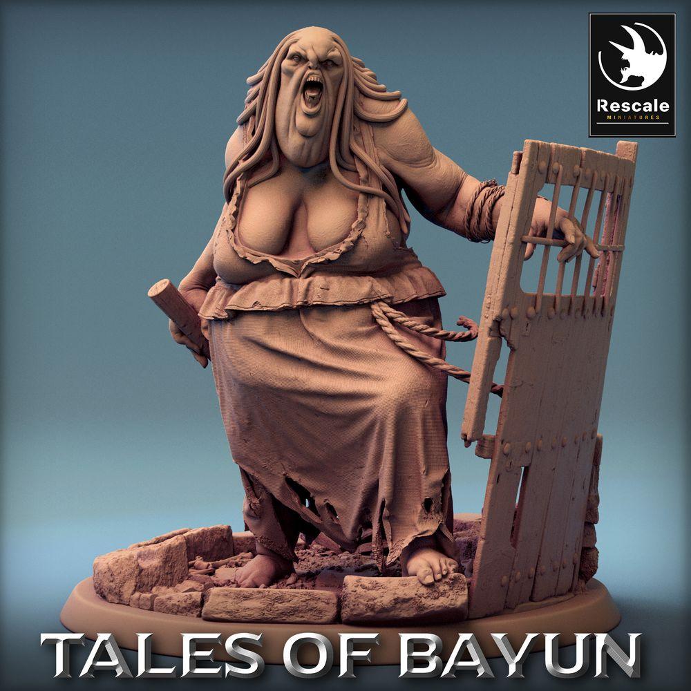 Product photo Tabletop 28mm Lord of the Print (LotP) 0: Tabletop miniature: Kikimora Ogre Matron, dungeon warden with barred door shield and club, troll witch, gatekeeper, dungeon boss (24_01_D1)