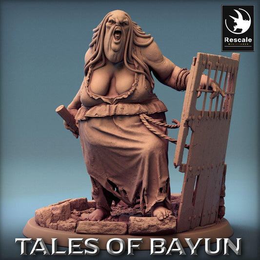 Product photo Tabletop 28mm Lord of the Print (LotP) 0: Tabletop miniature: Kikimora Ogre Matron, dungeon warden with barred door shield and club, troll witch, gatekeeper, dungeon boss (24_01_D1)