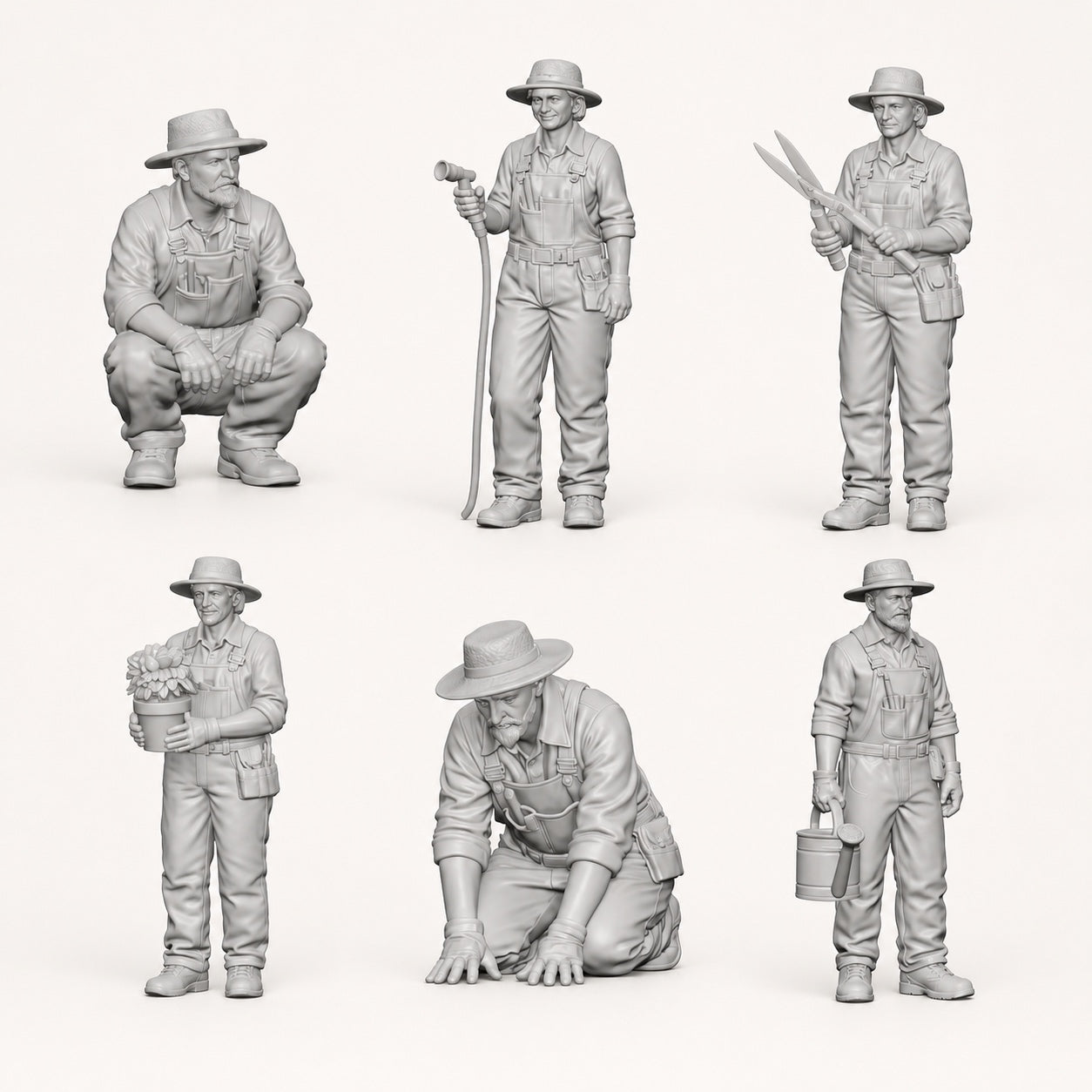 Gardener, gardening and country life - 6 unpainted resin figures in open view