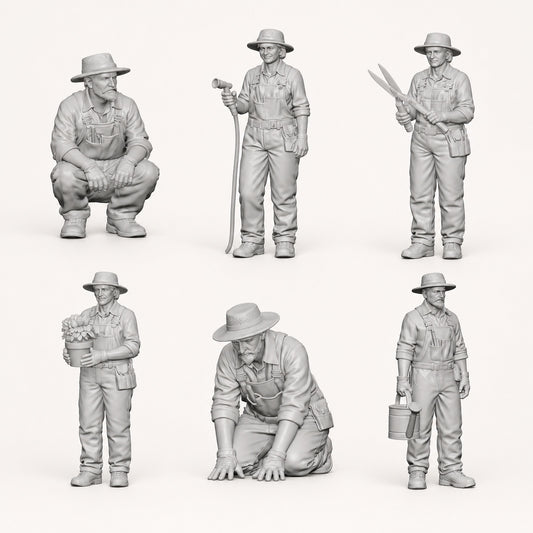 Gardener, gardening and country life - 6 unpainted resin figures in open view