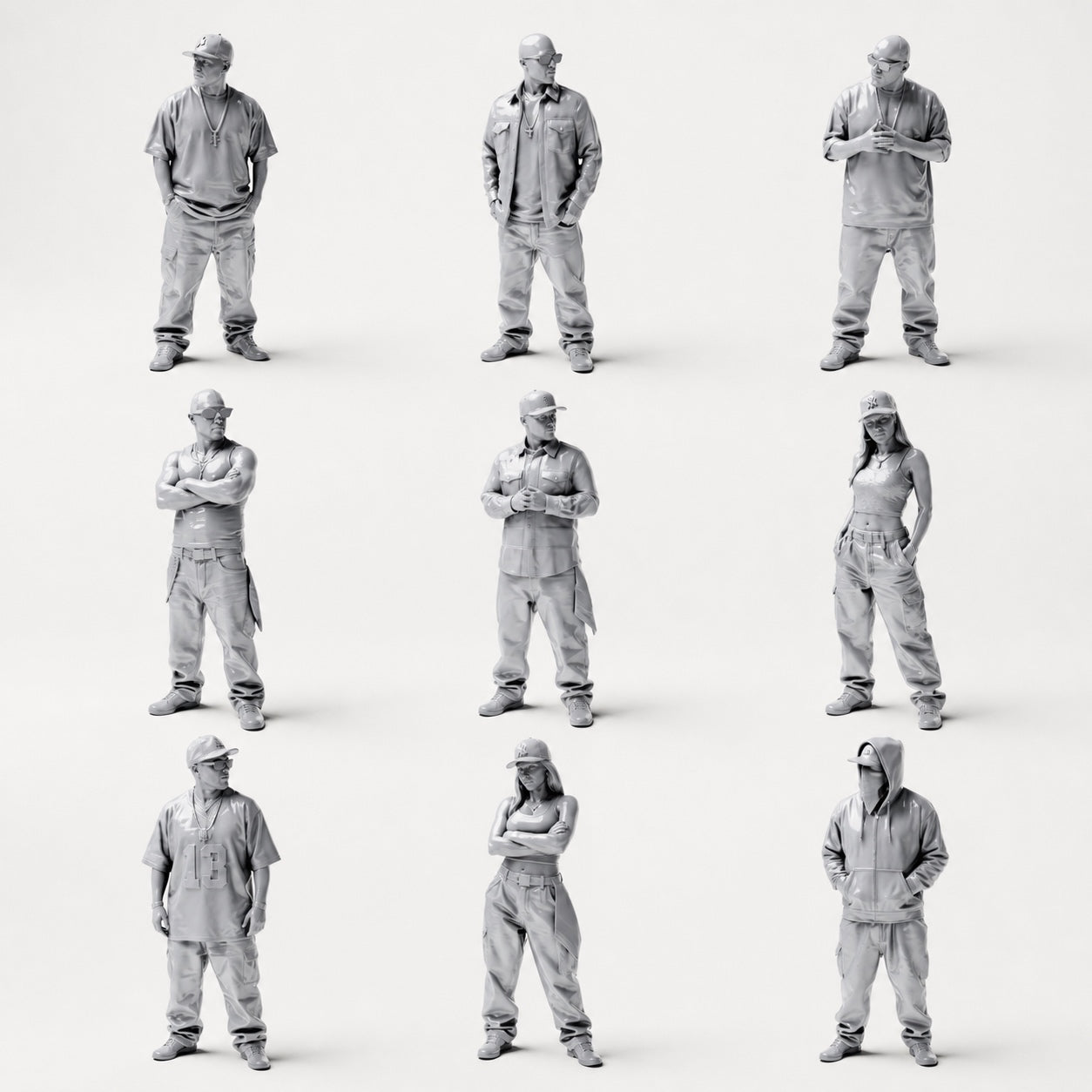 Hip-hop, urban and streetwear - 9 unpainted resin figures in an open overview