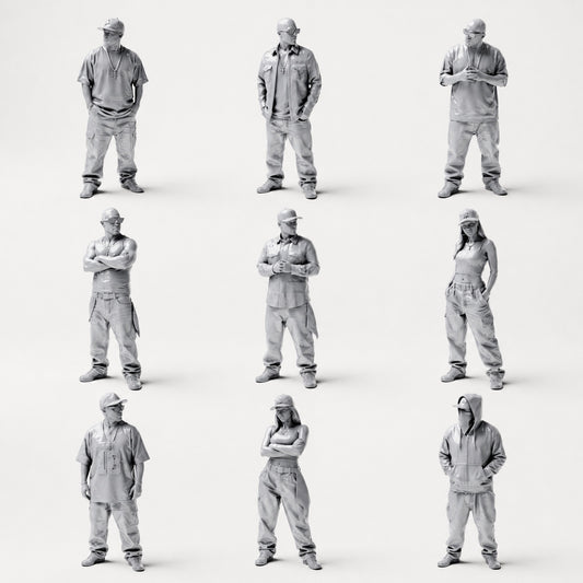 Hip-hop, urban and streetwear - 9 unpainted resin figures in an open overview