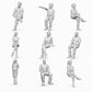 Seated figures and bystanders - 9 unpainted resin miniatures in an open overview
