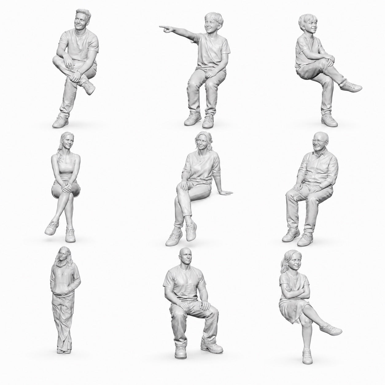 Seated figures and bystanders - 9 unpainted resin miniatures in an open overview