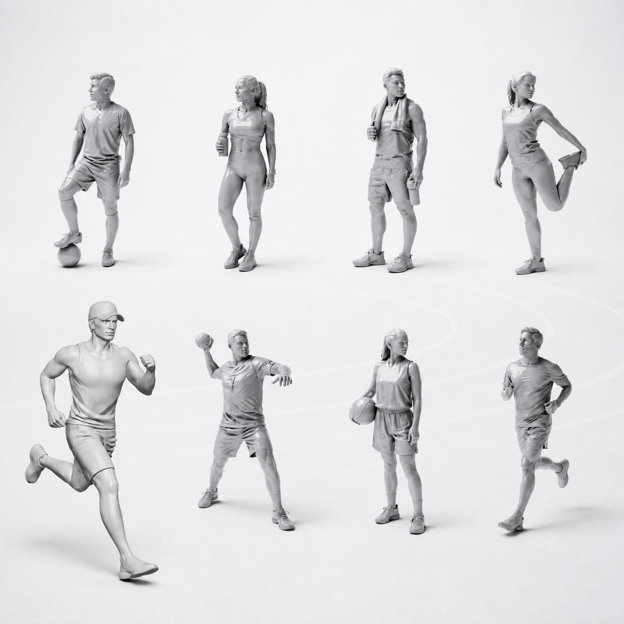 Sports, Leisure and Athletes Figure Set - 8 Unpainted Resin Figures in Open Display