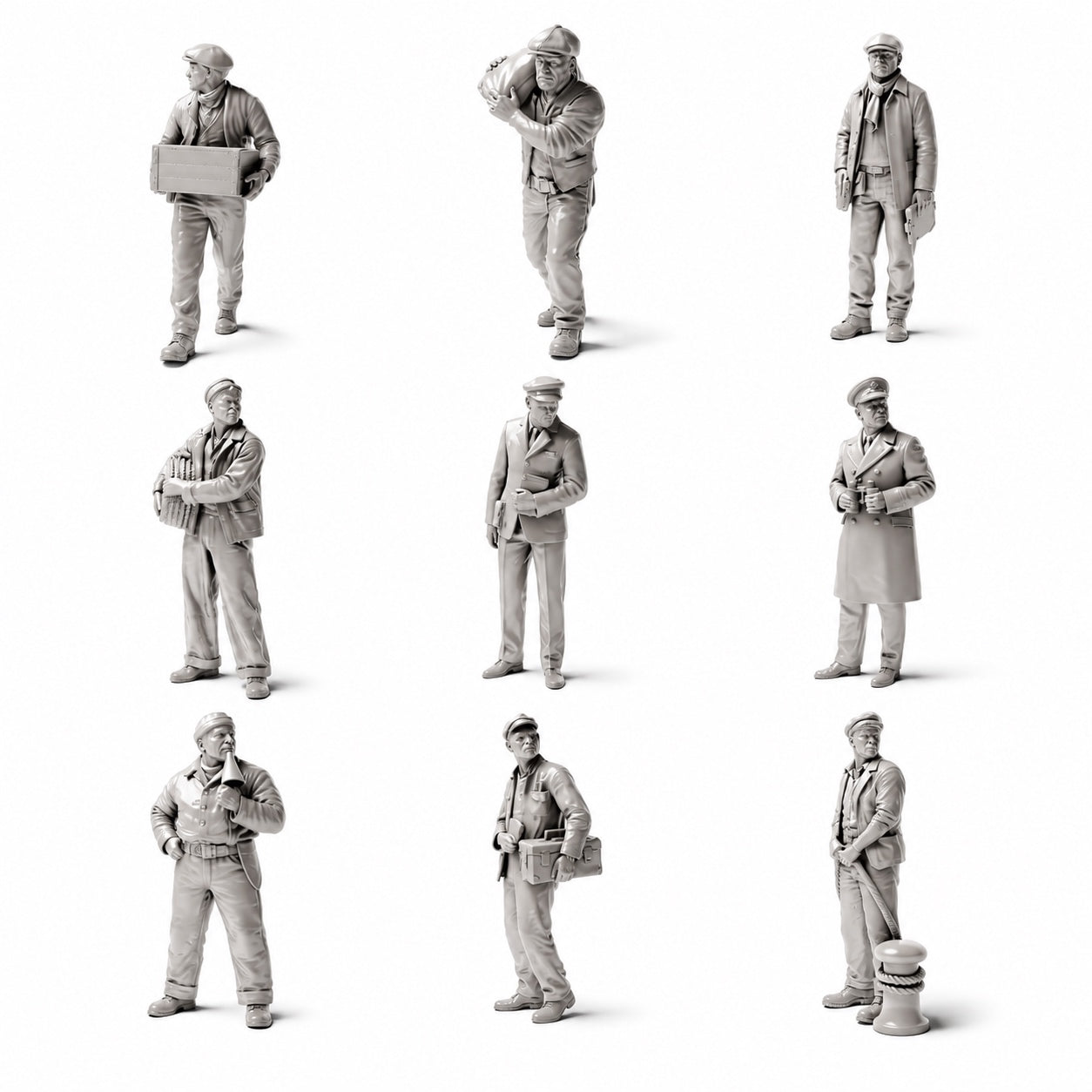 Historical harbor and dock workers - 9 unpainted resin figures in open view