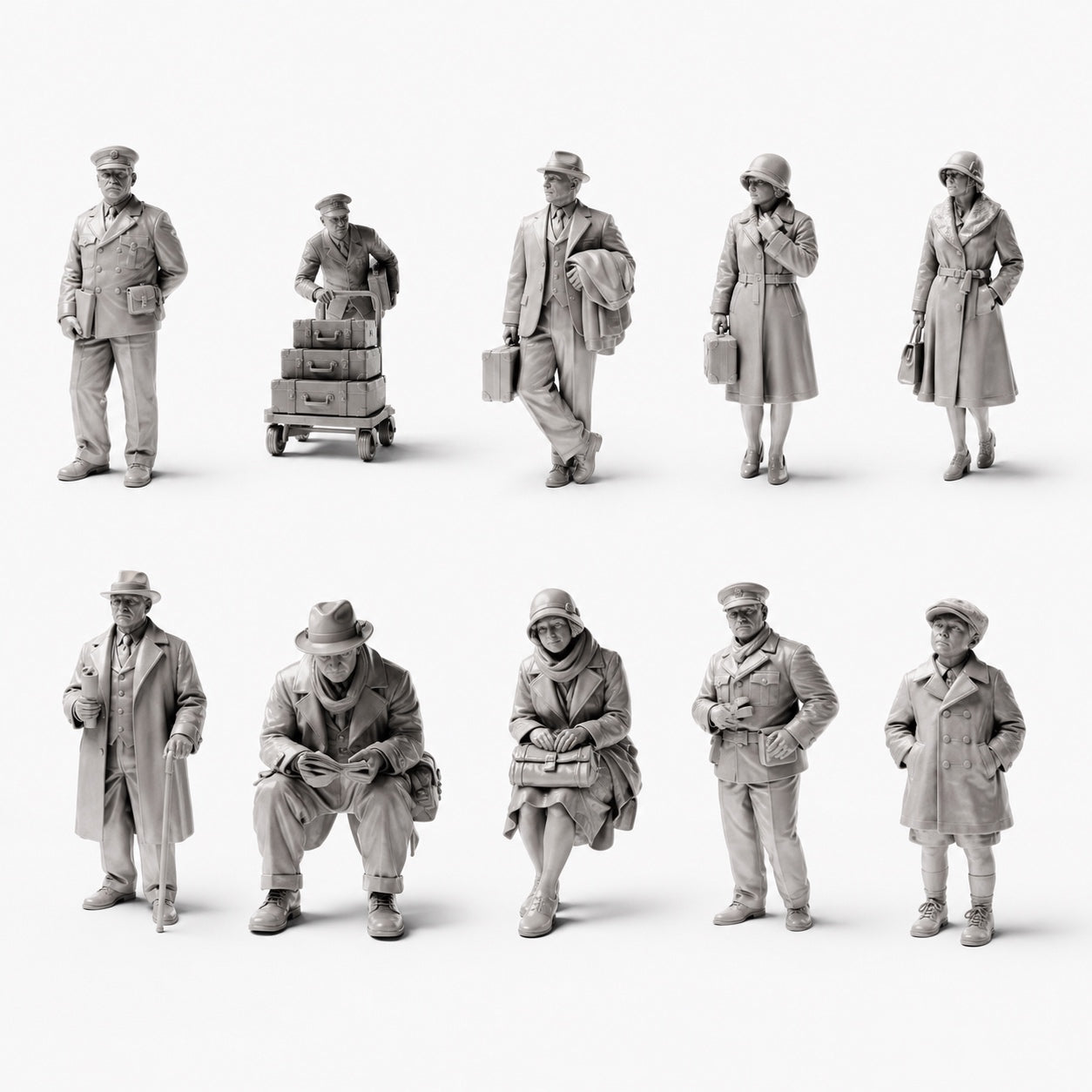 Historical station and railway figures - 10 unpainted resin figures in open view