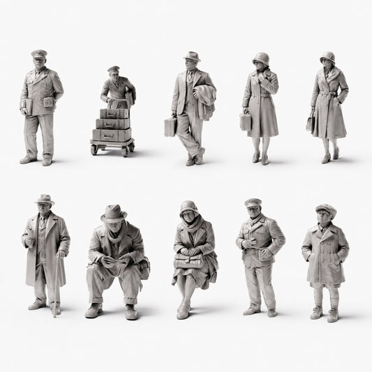 Historical station and railway figures - 10 unpainted resin figures in open view