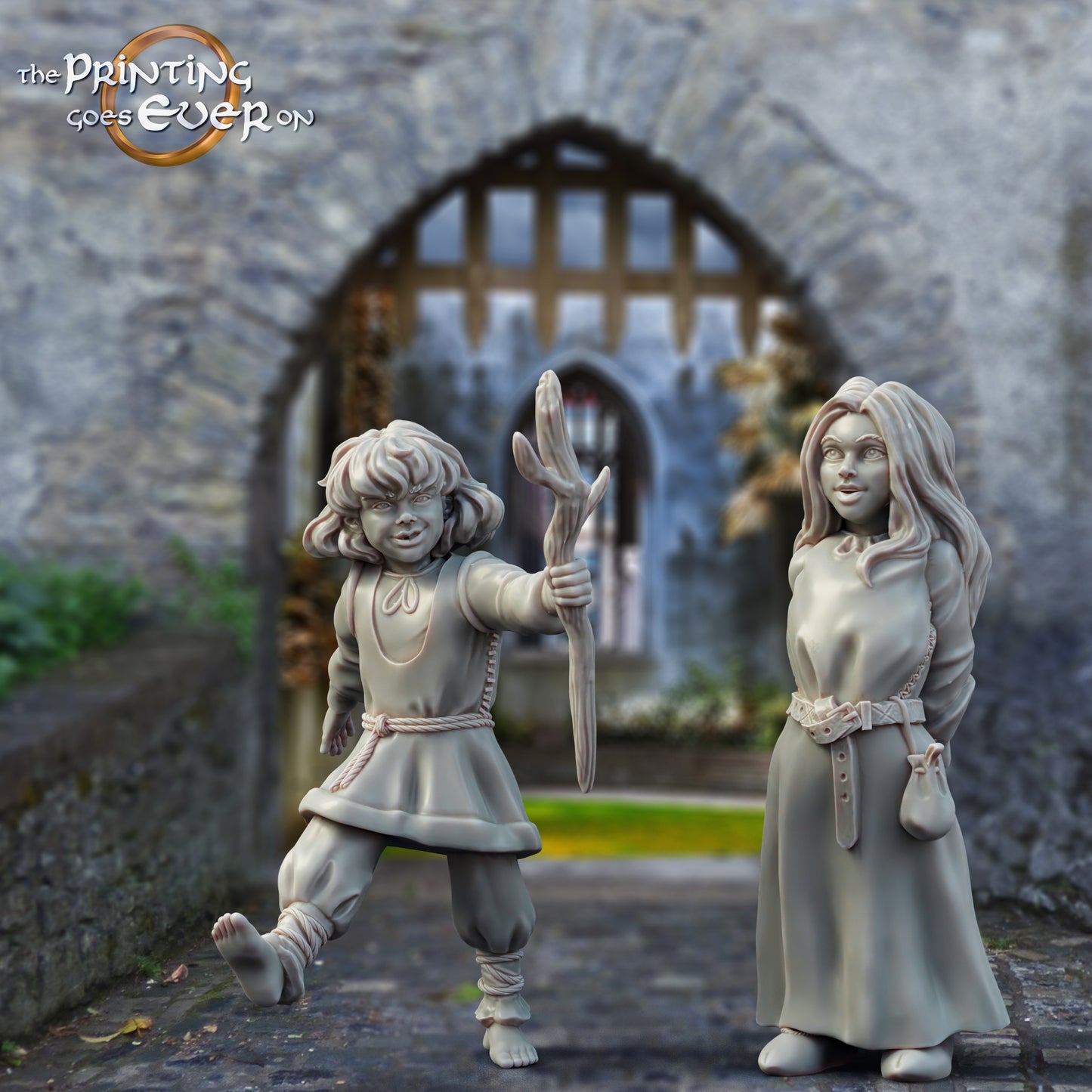 Product photo medieval historical figure 75mm Scale The Printing Goes Ever On (TPGEO) 0: Medieval knight figures villagers children - 75mm models - medieval town