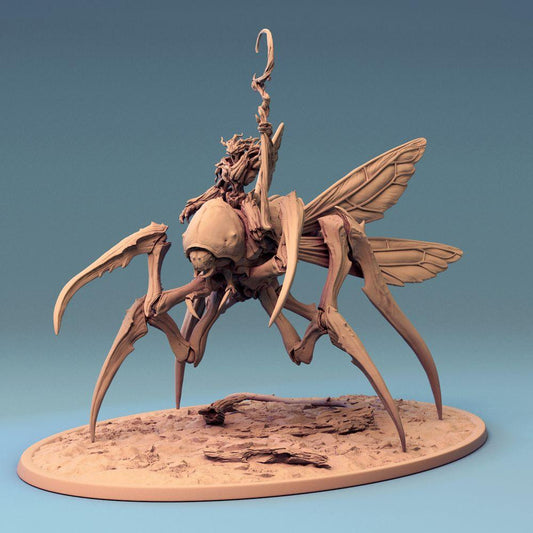 Product photo Tabletop 28mm Lord of the Print (LotP) 0: Tabletop miniature: Insect rider on winged mantis, swarm witch/plague shaman with staff, mantid cavalry boss monster (24_07_D1)
