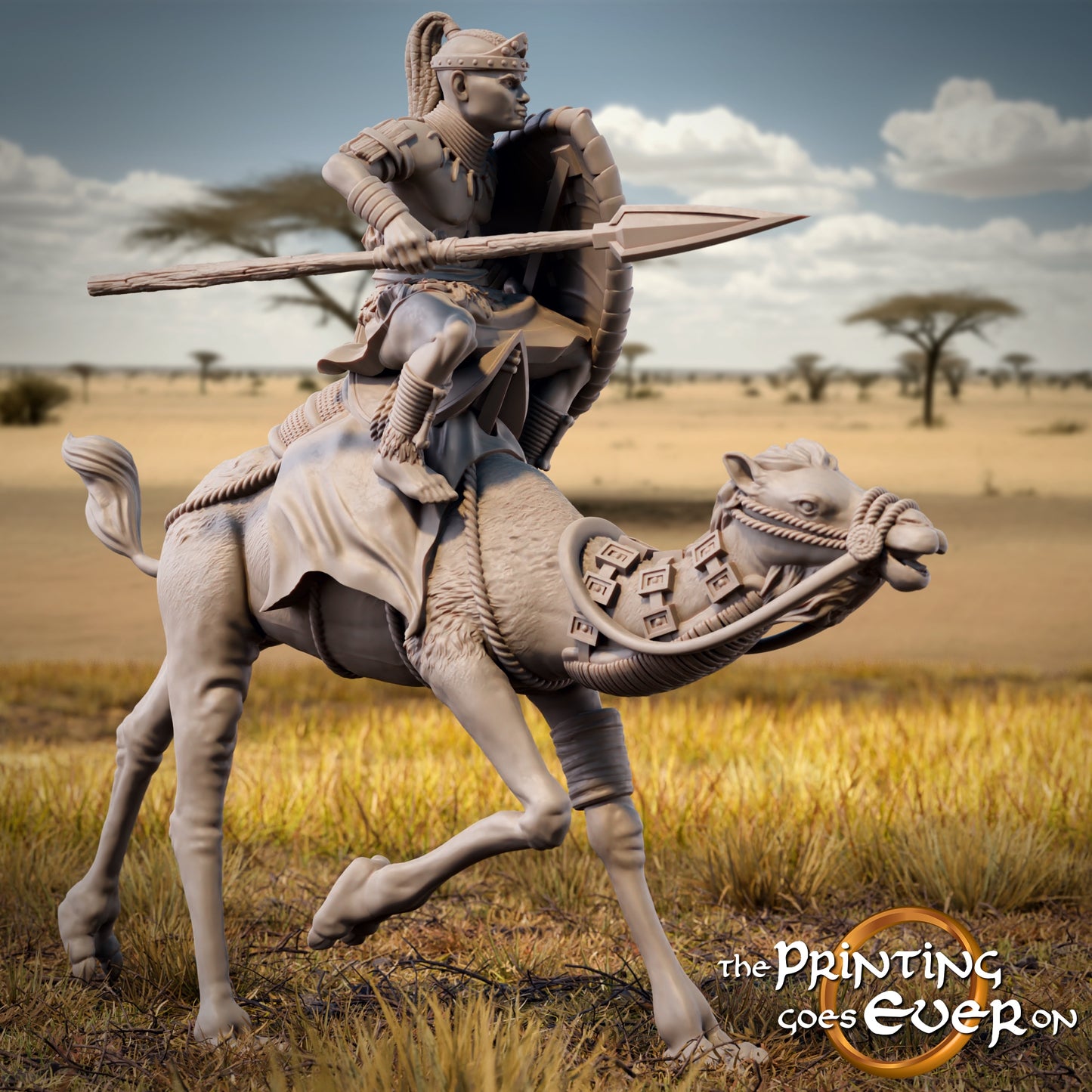 Product photo Tabletop 28mm The Printing Goes Ever On (TPGEO) 0: Savanna Riders: Proud native tribe with chieftain on camels