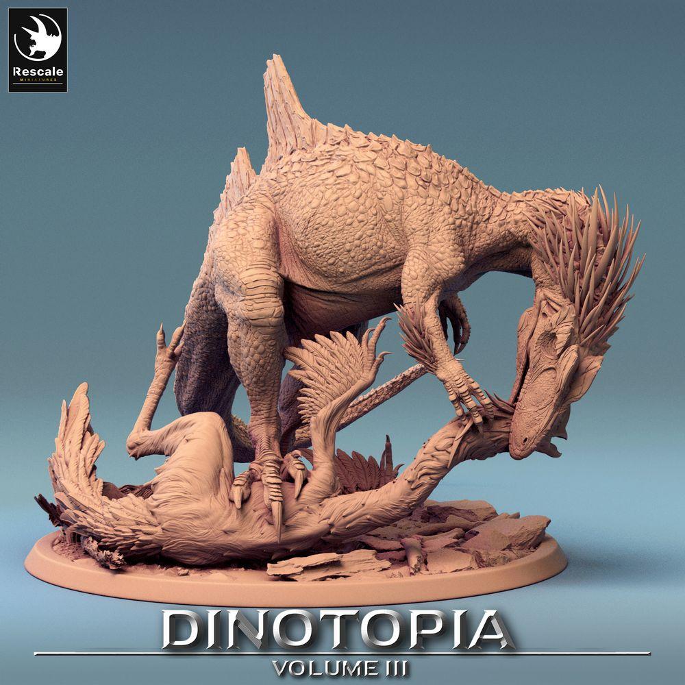 Product photo Tabletop 28mm Lord of the Print (LotP) 0: Tabletop miniature: Concavenator predator - tearing prey, apex hunting beast, prehistoric creature on diorama base (24_06_C3)