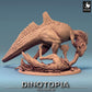 Product photo Tabletop 28mm Lord of the Print (LotP) 0: Tabletop miniature: Concavenator predator dinosaur - tearing prey, apex hunting beast, prehistoric creature on diorama base (24_06_C3)