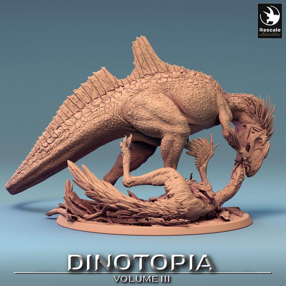 Product photo Tabletop 28mm Lord of the Print (LotP) 0: Tabletop miniature: Concavenator predator dinosaur - tearing prey, apex hunting beast, prehistoric creature on diorama base (24_06_C3)