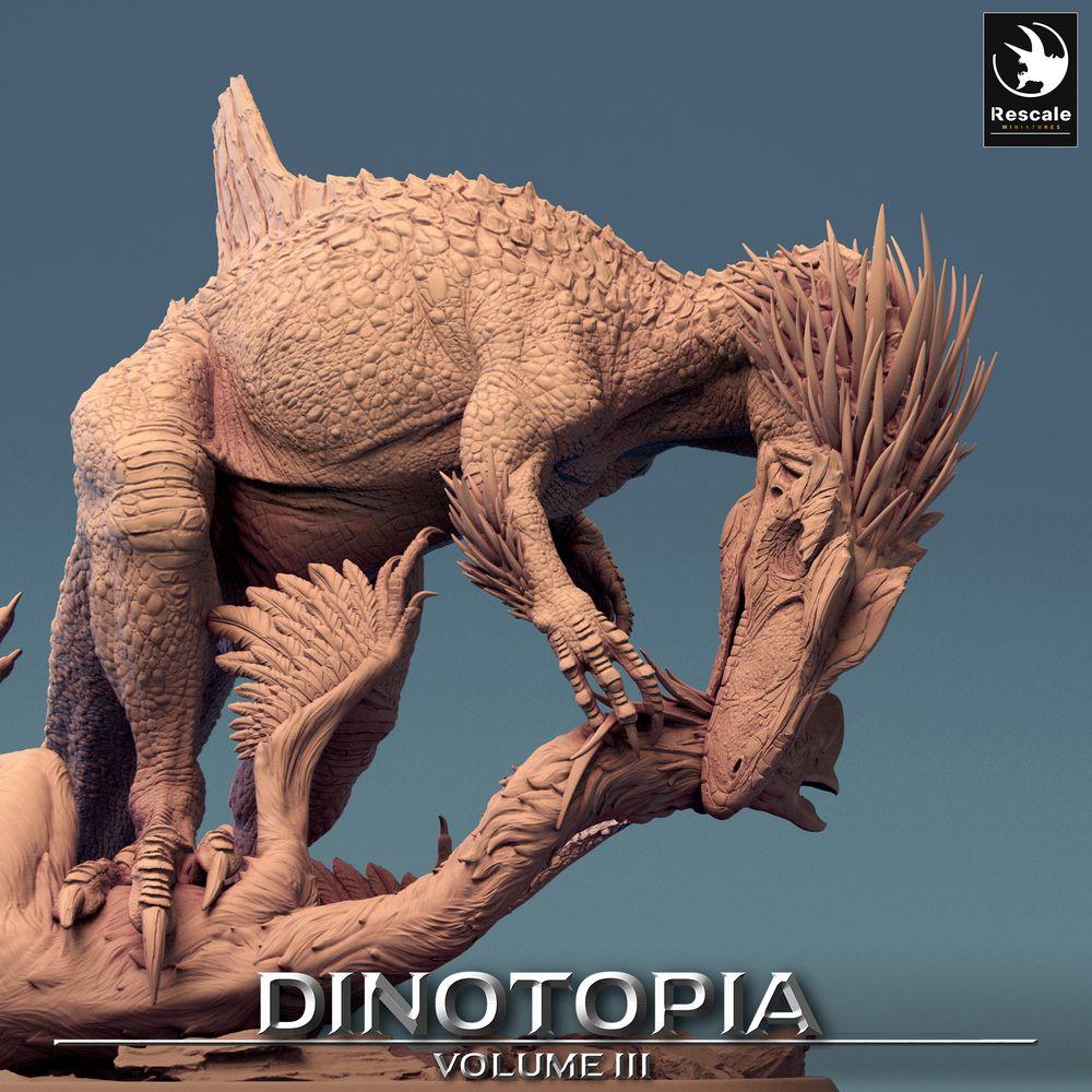 Product photo Tabletop 28mm Lord of the Print (LotP) 0: Tabletop miniature: Concavenator predator - tearing prey, apex hunting beast, prehistoric creature on diorama base (24_06_C3)
