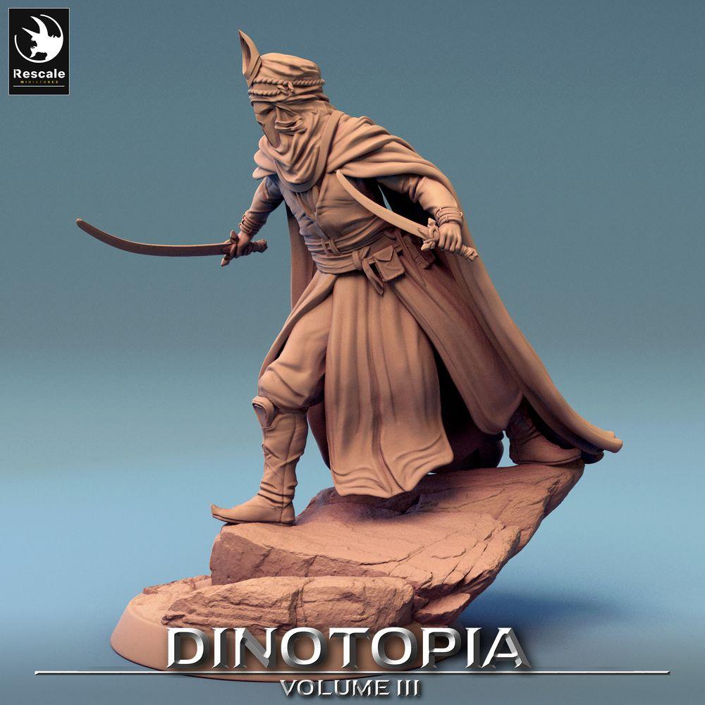 Product photo Tabletop 28mm Lord of the Print (LotP) 0: Tabletop miniature: Desert Assassin, Nomad Outlaw, Duelist with two curved sabers (24_06_E1)