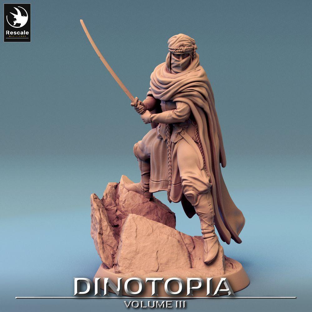 Product photo Tabletop 28mm Lord of the Print (LotP) 0: Fantasy Figure: Desert Warrior, Nomad Swordsman with Scimitar in Ambush, Veil Assassin (24_06_E2)