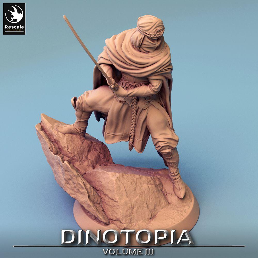 Product photo Tabletop 28mm Lord of the Print (LotP) 0: Fantasy Figure: Desert Warrior, Nomad Swordsman with Scimitar in Ambush, Veil Assassin (24_06_E2)
