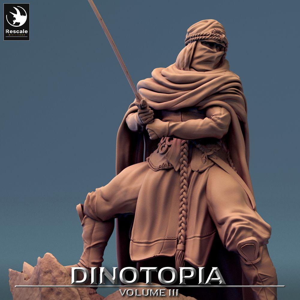 Product photo Tabletop 28mm Lord of the Print (LotP) 0: Fantasy Figure: Desert Warrior, Nomad Swordsman with Scimitar in Ambush, Veil Assassin (24_06_E2)
