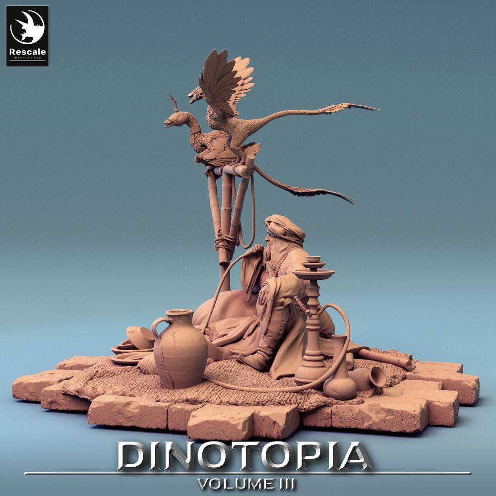Product photo Tabletop 28mm Lord of the Print (LotP) 0: Fantasy Figure: Desert Trader and Beastmaster, Nomad Caravan Leader - resting with hookah and feathered lizards (24_06_E27)