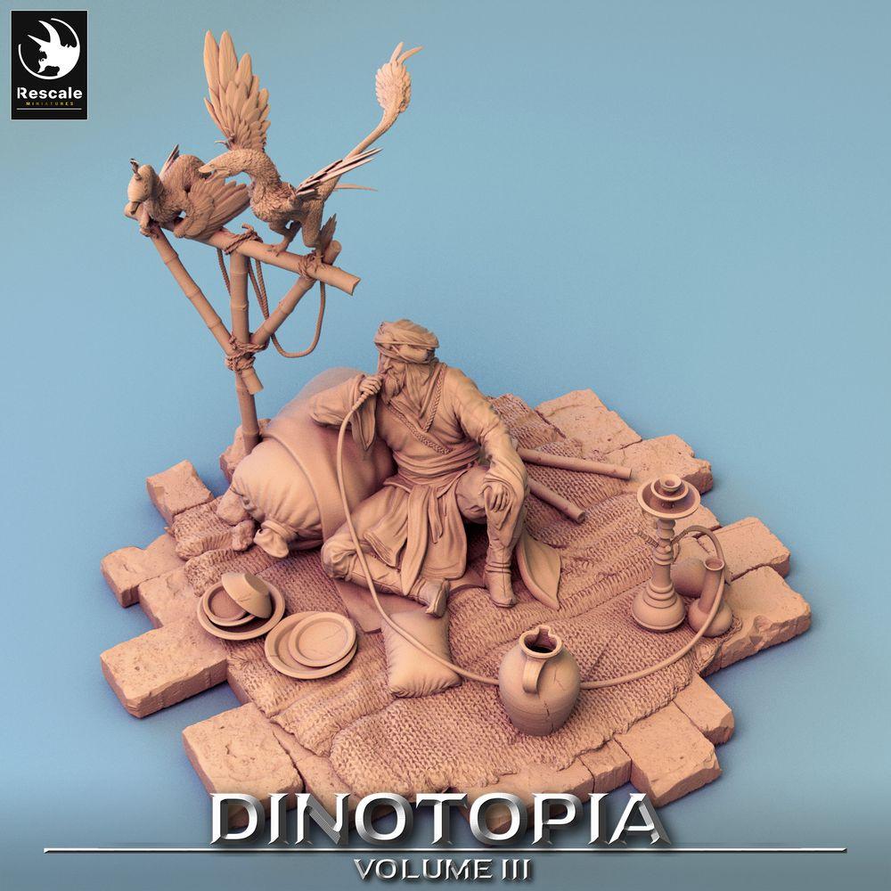 Product photo Tabletop 28mm Lord of the Print (LotP) 0: Fantasy Figure: Desert Trader and Beastmaster, Nomad Caravan Leader - resting with hookah and feathered lizards (24_06_E27)