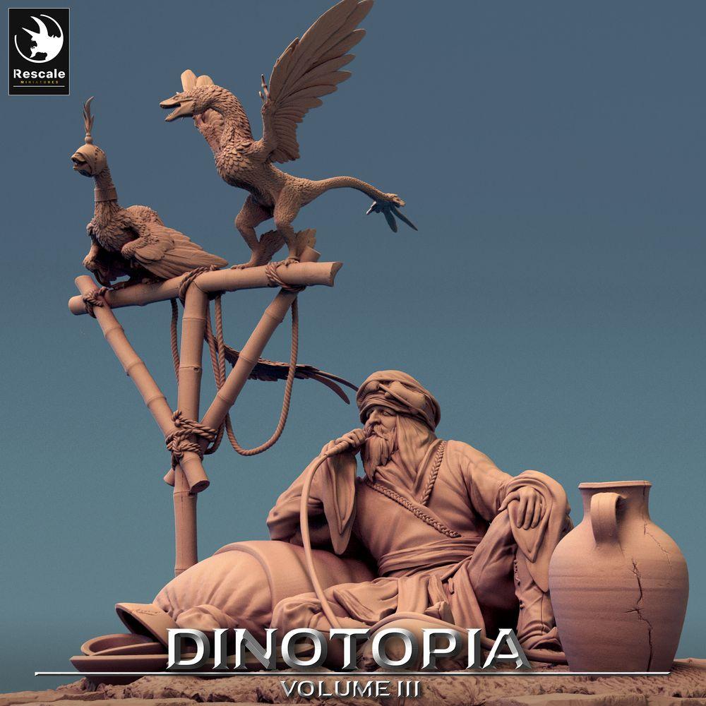Product photo Tabletop 28mm Lord of the Print (LotP) 0: Fantasy Figure: Desert Trader and Beastmaster, Nomad Caravan Leader - resting with hookah and feathered lizards (24_06_E27)