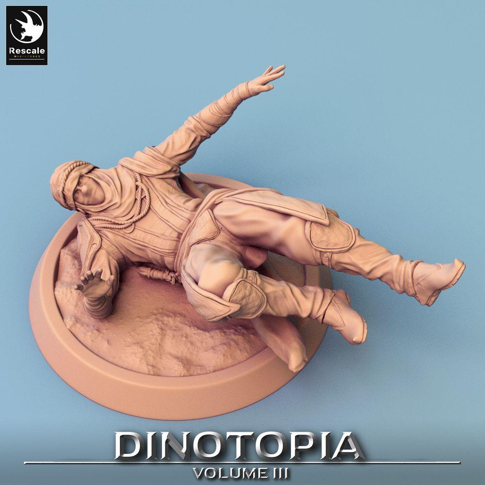 Product photo Tabletop 28mm Lord of the Print (LotP) 0: Tabletop miniature: Desert Nomad Warrior / Assassin / Rogue - dynamic falling pose with effect scene base for skirmish and wargame (24_06_D3)