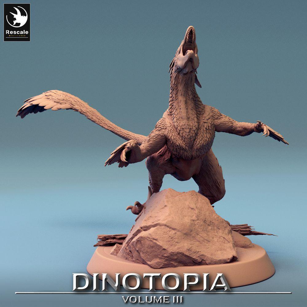 Product photo Tabletop 28mm Lord of the Print (LotP) 0: Tabletop miniature: Feathered Raptor - Pyroraptor on Rock, Terror Bird, Theropod Beast (24_06_B2)
