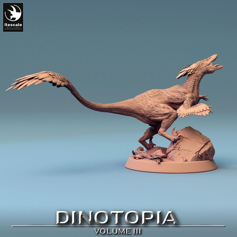 Product photo Tabletop 28mm Lord of the Print (LotP) 0: Tabletop miniature: Feathered Raptor - Pyroraptor on Rock, Terror Bird, Theropod Beast (24_06_B2)
